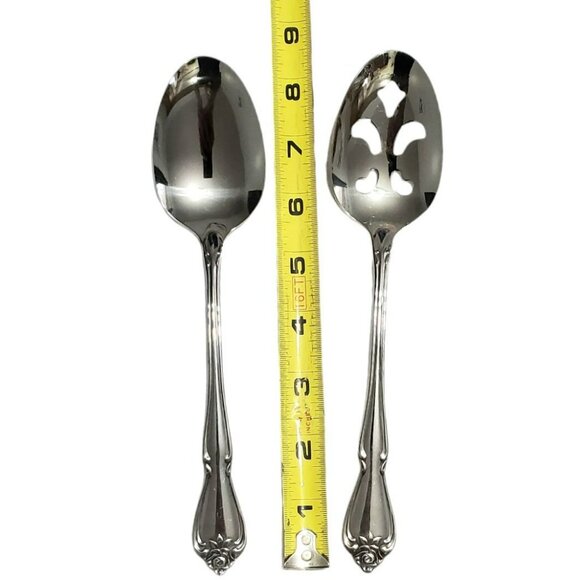 Oneida Rogers True Arbor Rose 2 Serving Spoons Stainless Solid Pierced Utensil - Picture 7 of 7